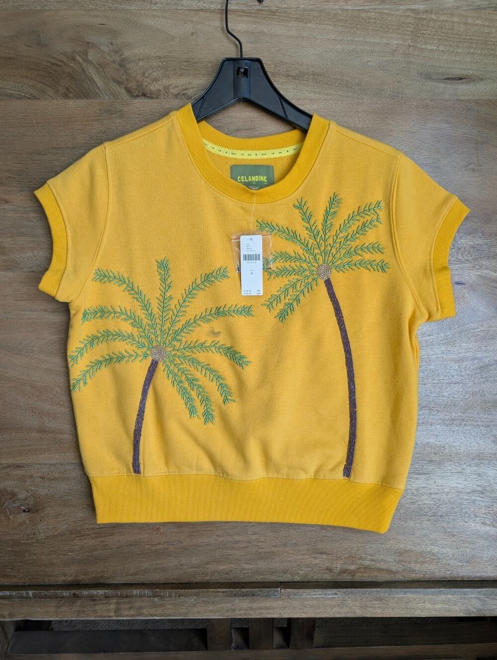 NWT Celandine Anthropologie S/S Sweatshirt Womens Medium Yellow Beaded Palm Tree